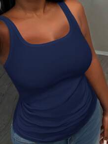 Slaydiva Women Plus Size Basic Strappy Tank Top, Casual Narrow Rib Knit Asymmetric Ruched Sleeveless Deep U-Neck - Blue - View 5
