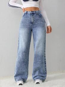 SHEIN Tall 女士牛仔裤休闲宽松直筒裤蓝色冬季牛仔裤高腰女士牛仔裤 - 淺色水洗藍 - 查看 1