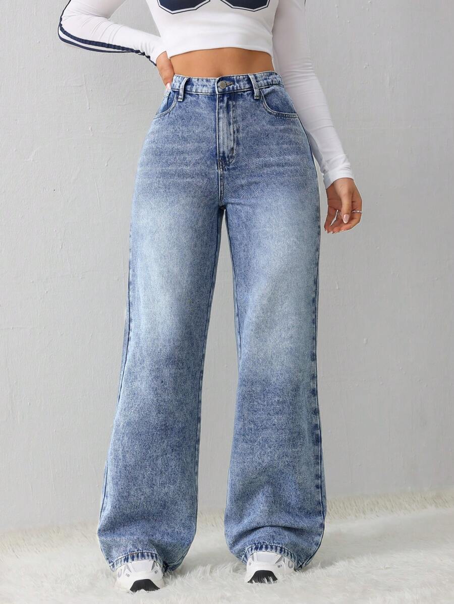 SHEIN Tall 女士牛仔裤休闲宽松直筒裤蓝色冬季牛仔裤高腰女士牛仔裤 - 淺色水洗藍 - 查看 1