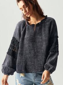 Bohemela 1 件女式休闲纯色宽松圆领长袖衬衫 - 黑色 - 查看 6