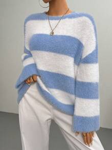 SHEIN Unity Casual Color Block Stripe Bell Sleeve Sweater, Autumn/Winter, Knit Pullover Fall - Multicolor - View 1