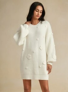 Anewsta Váy len móc họa tiết hoa 3D cỡ lớn thanh lịch sang trọng - trắng - Xem 3