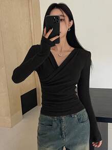 DAZY Women Casual Solid Color Warm Thermal Lined Crossover T-Shirt, Autumn