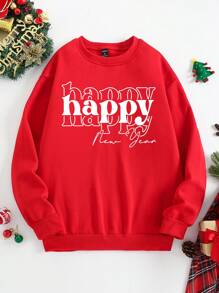 SHEIN 1pc Men's Fashionable Casual "Happy New Year" Letter Print Round Neck Fleece Sweatshirt, Suitable For New Year Party & Gift, Autumn/Winter, Christmas - Red - View 4
