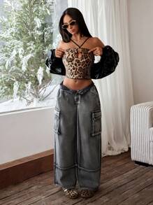 SHEIN ICON Women's Washed Vintage Wide-Leg Cargo Jeans