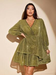 Allurite 大码 V 领交叉裹身分层优雅长袖连衣裙 - 金色 - 查看 3