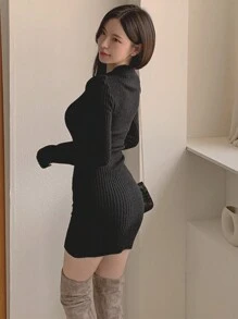 DAZY Women V-Neck Fitted Waist Sweater Dress,Fall Women Clothes - Black - View 4