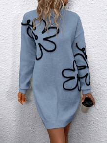 SHEIN Clasi 拼色花卉刺绣圆领休闲长袖毛衣连衣裙