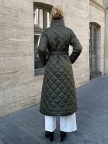 EURMUSE Solid Colour Padded Quilted Coat With Belt, Modern And Warm - Dark Green - View 4