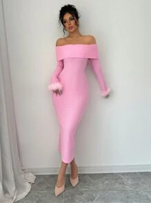 Rafferiza Elegant Off Shoulder Ribbed Knit Fuzzy Cuff Fitted Dress, Autumn - Pink - View 5