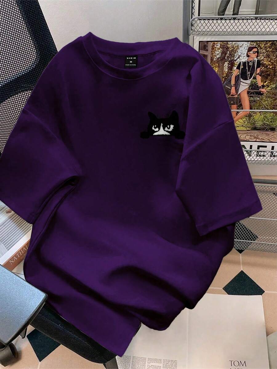 Claim Dot Camiseta de manga corta casual con cuello redondo y estampado de dibujos animados para hombres - Morado - Ver 1