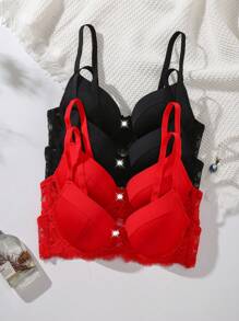 4pcs Women's Minimalist Smooth & Lace Splicing Padded Underwire Bra Set - Multicolor - View 1
