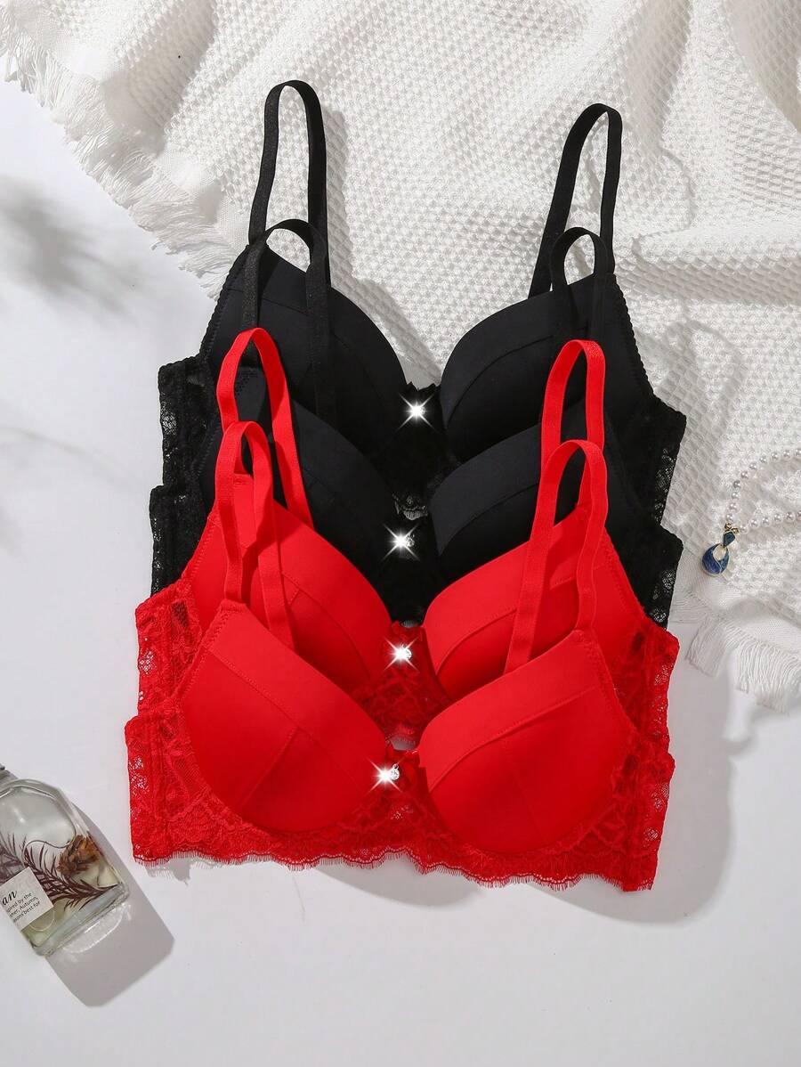 4pcs Women's Minimalist Smooth & Lace Splicing Padded Underwire Bra Set - Multicolor - View 1
