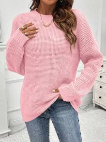 Chiquease 女士休闲纯色落肩宽松针织毛衣，秋冬 - 粉色 - 查看 1