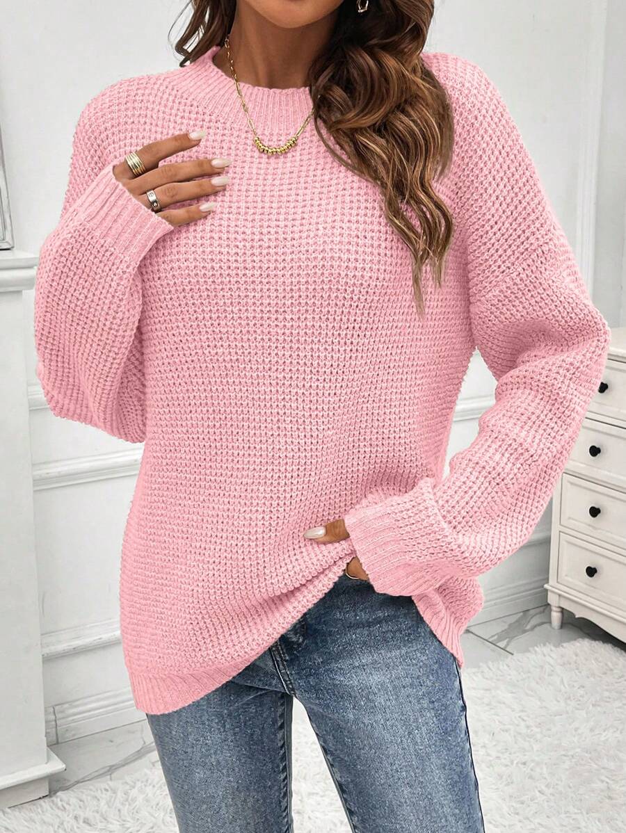 Chiquease 女士休闲纯色落肩宽松针织毛衣，秋冬 - 粉色 - 查看 1