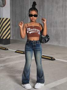 SHEIN Jeans flare in vita alta per ragazze, stile Y2K vintage, lavaggio a effetto grinzoso, outfit casual streetwear per ragazze, look autunnale per il ritorno a scuola