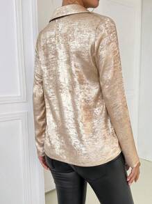 Chiquease Áo cánh dài tay màu trơn cổ bẻ họa tiết vàng lá cho nữ, mùa thu - Vàng - Xem 2