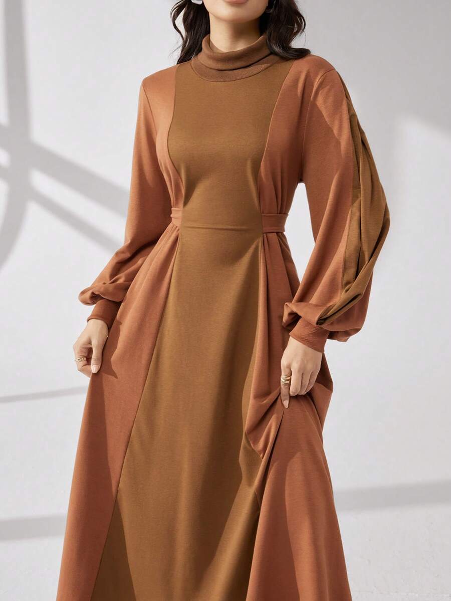 Seusyu Women Casual Contrast Color Block Drawstring Hem Hooded Long Sweatshirt Dress, Autumn/Winter - Brown - View 1