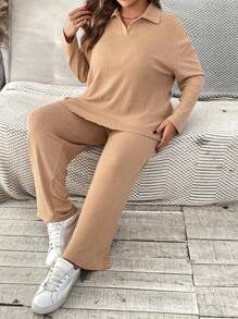 SHEIN VCAY 2pcs Plus Size Women Casual Solid Color Turndown Collar Drop Shoulder Long Sleeve Top And Pants Set, Autumn