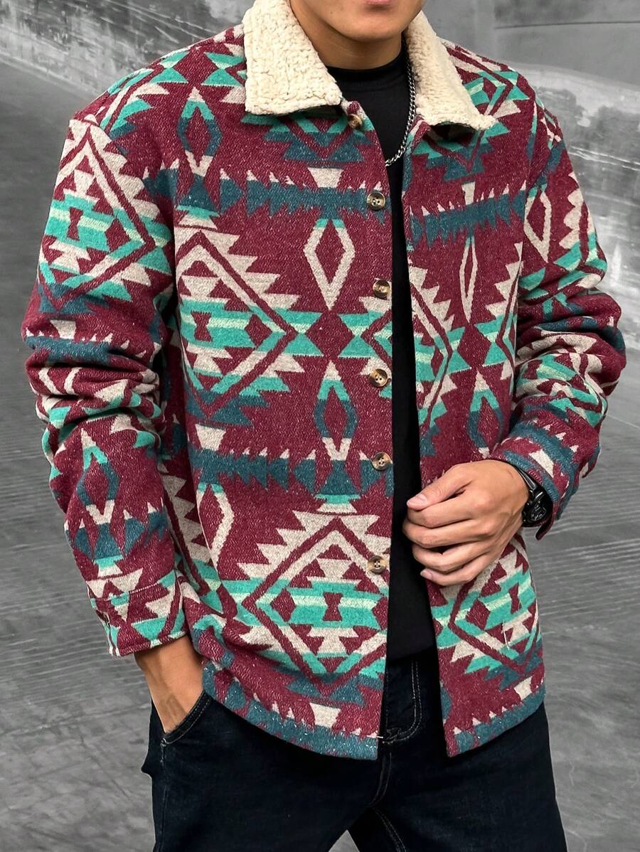 Manfinity LEGND 1pc Men's Furry Lapel Geometric Pattern Jacket - Multicolor - View 1