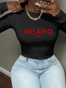 Slaydiva Milano Casual Letter Pattern Round Neck Short Long Sleeve T-Shirt For Plus Size Women, Autumn/Winter