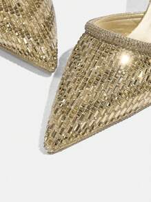 CUCCOO TILAWA Women's Glittery Crystal-Embellished Pointy Toe Kitten Heel Mules Sandals, Gorgeous, Luxury, High-End, Gold Glitter, Formal Dress Shoes - Gold - View 4