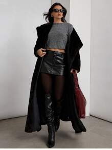 COSMINA Áo thun nữ cổ tròn dài tay màu trơn, dáng croptop thường ngày, mùa thu - Màu xám đen - Xem 3