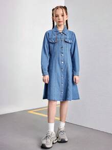 Vestido vaquero azul desteñido con pliegues y vuelo, diseño minimalista y de moda, adecuado para uso diario, para niñas preadolescentes