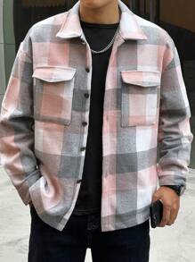 Manfinity Homme 男士前开襟长袖口袋格子夹克，休闲日常穿着，街头风，秋冬款 - 彩色 - 查看 5