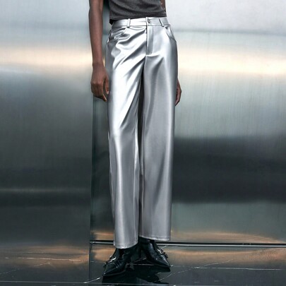 여성용 루즈핏 실버 스트레이트 레그 바지, 지퍼 장식, 크리스마스 파티, 가을/겨울용 적합
