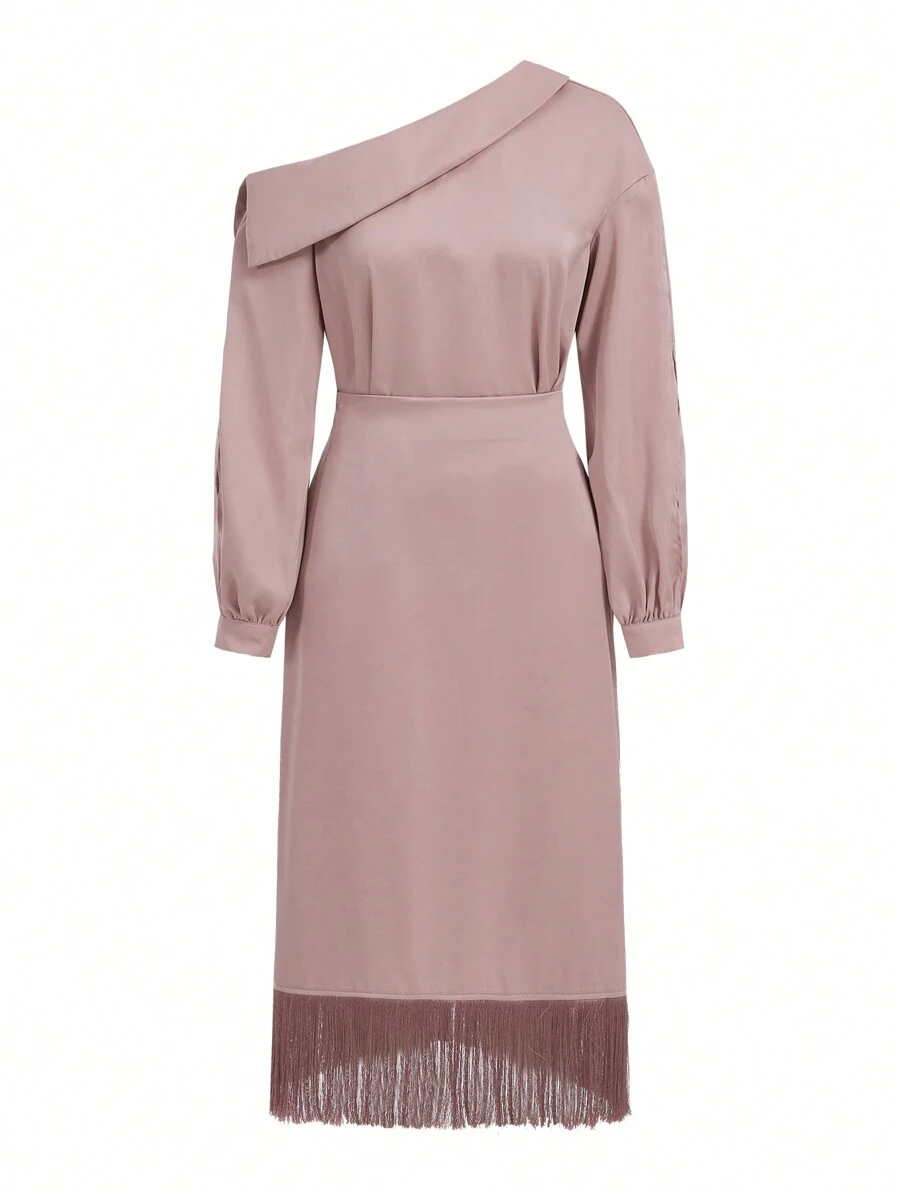 Modelyn Asymmetrical Neck Blouse & Fringe Hem Skirt - Dusty Pink - View 1