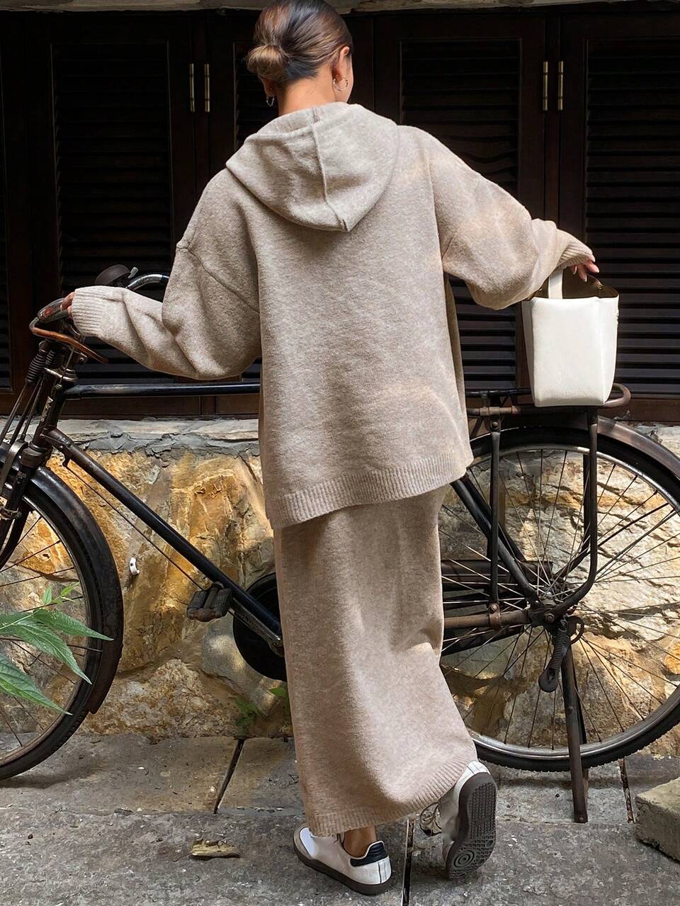 2pcs/Set Women's Solid Color Loose Hoodie And Straight Dress Knitted Sweater Set,Fall Women Clothes