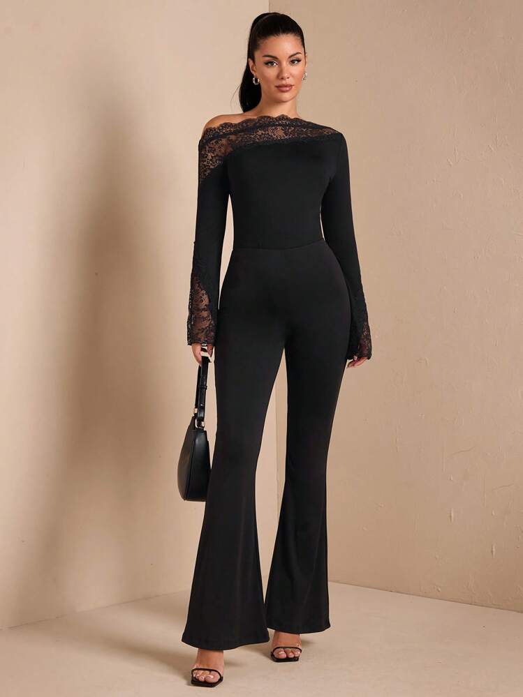 SHEIN BAE 1pc Women Solid Black Sexy & Elegant Asymmetric Lace Splice Off-Shoulder Long Flare Sleeve Bodysuit, Suitable For Autumn/Winter Layering, Knit Warm Sexy, Suitable For Going Out, Romantic Date, Party - Black - View 7