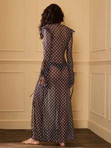 Opulessa 秋冬圣诞鸡尾酒会，优雅性感节日针织网眼经典波尔卡圆点印花 V 领长袖开衩女式连衣裙 - 黑色 - 查看 2