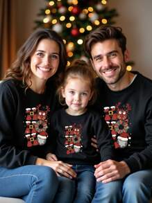 Christmas Women Christmas Elk Pattern Letter Print Casual Round Neck Black Fleece Hoodie Sweatshirt, Autumn/Winter Matching Outfits Mommy And Me (3 Pcs Are Sold Separately)