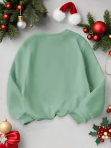 Tween Girls Christmas Slogan & Reindeer Print Fleece Sweatshirts, Casual For Daily Autumn/Winter Wear