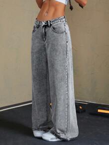 SHEIN ICON Pantalones largos de mezclilla con múltiples bolsillos y botones al frente, para uso casual diario - Gris - Ver 5