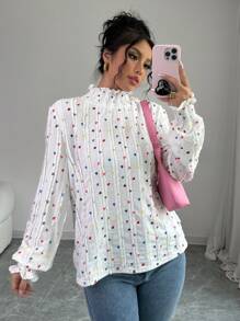 Calvaya Camiseta ajustada de mujer de cuello alto con mangas largas, adorno de volantes y gráfico de corazón colorido, para otoño e invierno