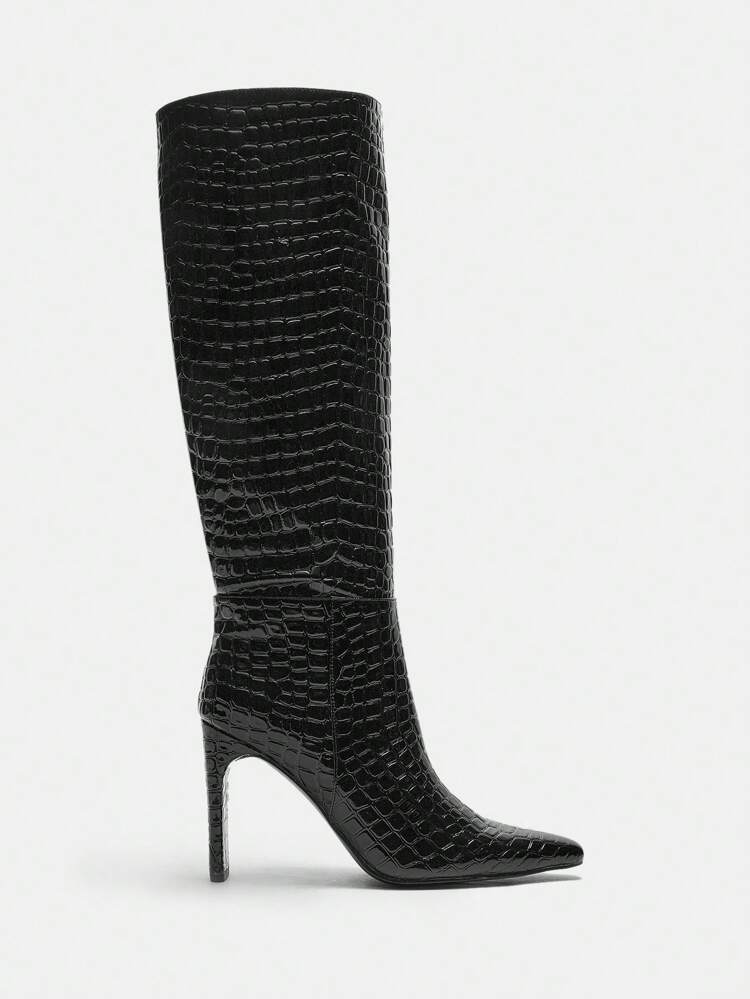 CUCCOO BIZCHIC Botas de tacón de aguja por encima de la rodilla negras con textura de piedra, básicas, cómodas y elegantes para un look de Navidad y Año Nuevo en otoño e invierno