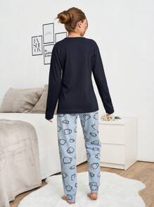 RueChic 2pcs Cotton Slogan Printed Shirt And Coffee Pattern Bottoms Homewear Set - Navy Blue - View 2