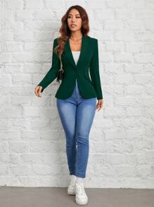 SHEIN PETITE Autumn And Winter Wear Suitable For Commuting. Shawl Collar Single-Button Black Suit Jacket - Dark Green - View 5