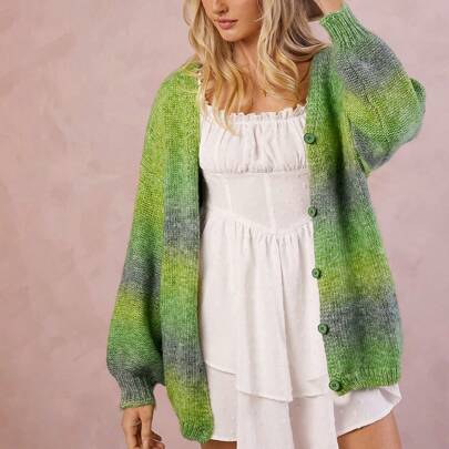 여름 옴브레 패턴 긴팔 V넥 버튼 전면 가디건 스웨터