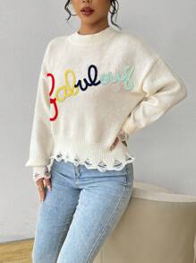 SHEIN Unity Women's Crew Neck Letter Embroidery Casual Loose Knit Sweater Knit Pullover Fall Winter - Beige - View 5