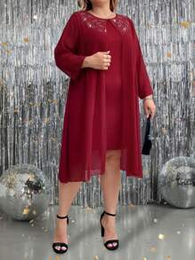 Plus Size Women's Elegant Wine Red Chiffon & Knit Sequin Trim 3/4 Sleeve Dress