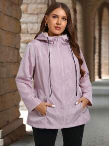 EMERY ROSE 大码女士大码保暖外套 女士保暖内衬拉链连帽休闲夹克 带抽绳 - 酒紅色 - 查看 3