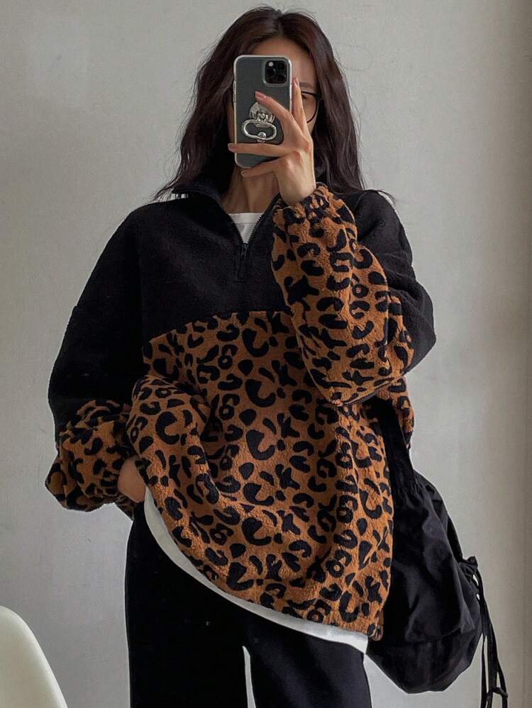 Women Leopard Print Patchwork Sheepskin Furry Pullover Hoodie With Half Zip Up Collar Cheetah Print Sweatshirt