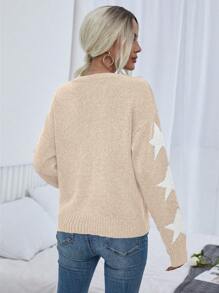 SHEIN LUNE 女士星星图案长袖休闲套头衫，秋冬 - 杏色 - 查看 2