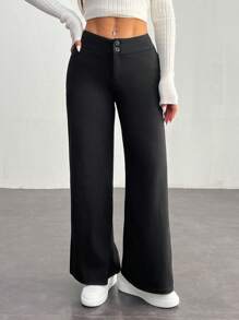 SHEIN PETITE Solid High Rise Flared Straight Leg Pants - Black - View 1