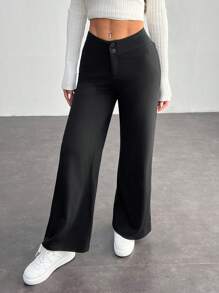 SHEIN PETITE Solid High Rise Flared Straight Leg Pants - Black - View 10
