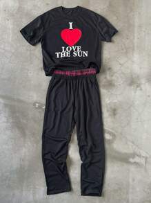 Manfinity Roghcode Manfinity Streetrush Men Letters Print Casual Round Neck Short Sleeve Top And Long Pants Set,T-Shirt Set With Double Waist Design - Black - View 3
